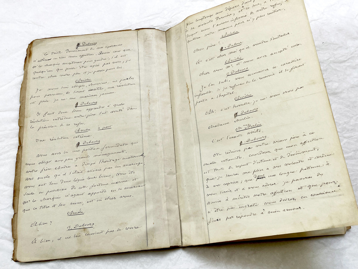 Mid 19th – 26-page literary draft with dialogues and author revisions - French handwritten theater manuscript – Antique Handwritten Draft