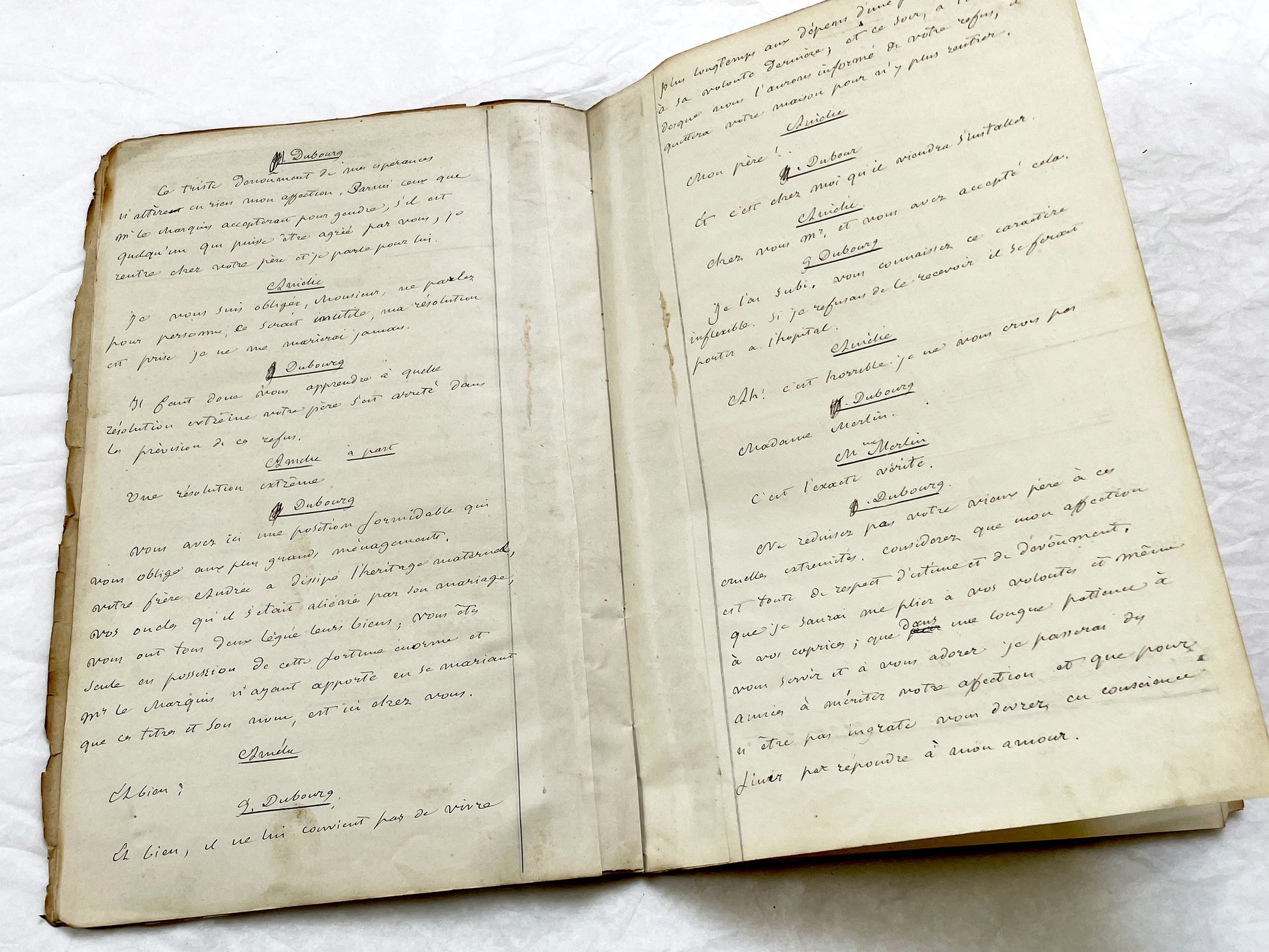 Mid 19th – 26-page literary draft with dialogues and author revisions - French handwritten theater manuscript – Antique Handwritten Draft