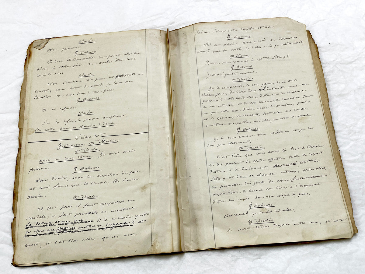 Mid 19th – 26-page literary draft with dialogues and author revisions - French handwritten theater manuscript – Antique Handwritten Draft