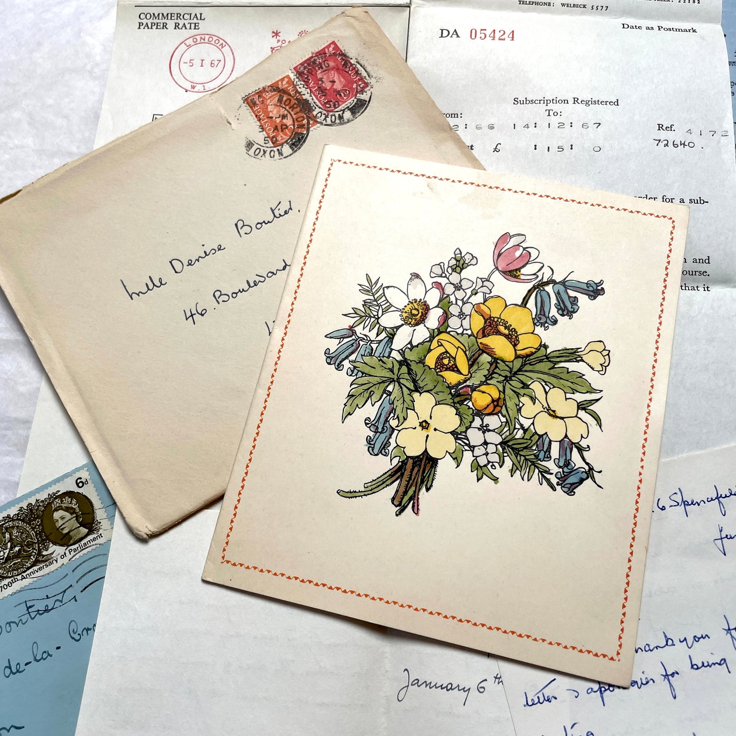 1960s set of five handwritten English letters with envelopes, featuring British postmarks and French address.