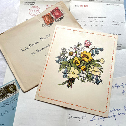 1960s set of five handwritten English letters with envelopes, featuring British postmarks and French address.