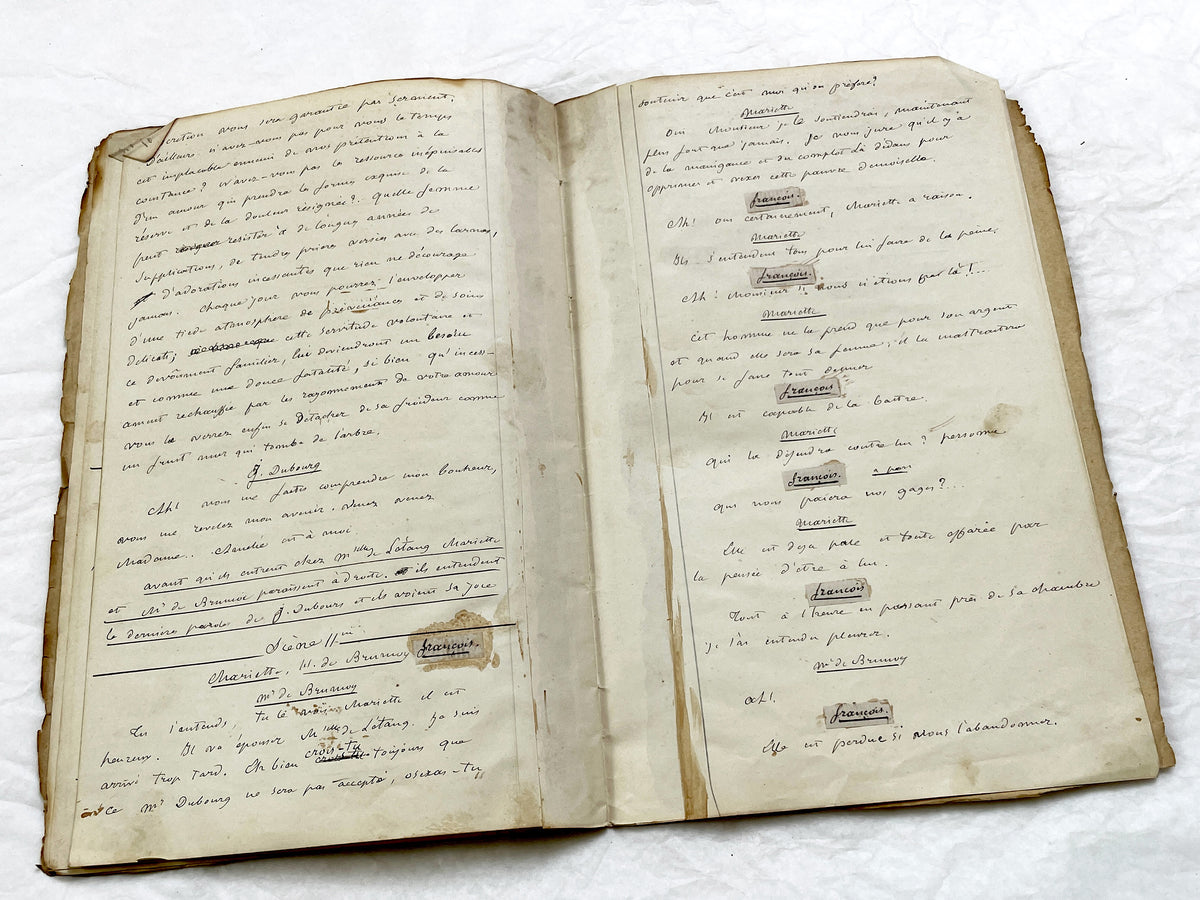 Mid 19th – 26-page literary draft with dialogues and author revisions - French handwritten theater manuscript – Antique Handwritten Draft