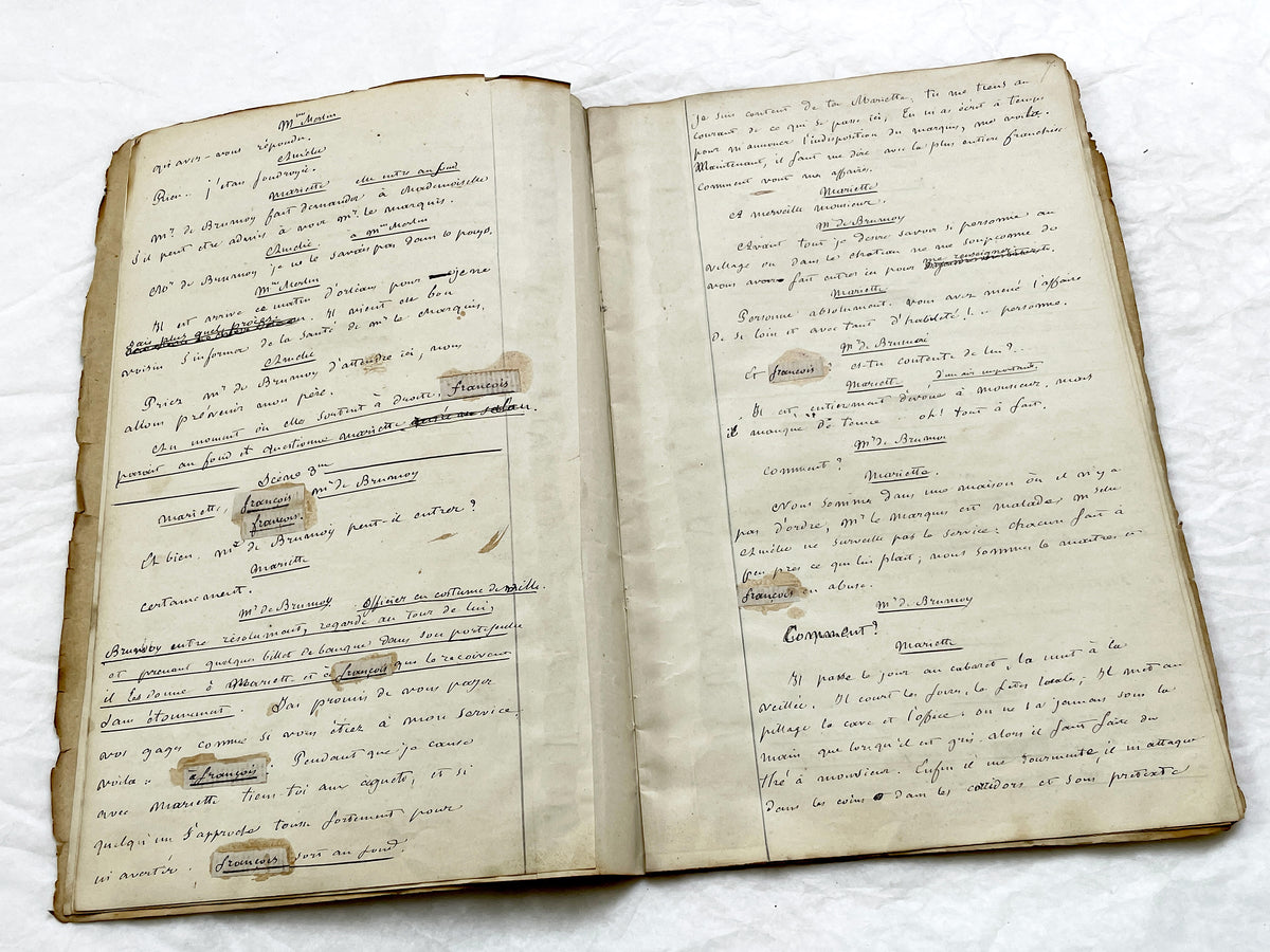 Mid 19th – 26-page literary draft with dialogues and author revisions - French handwritten theater manuscript – Antique Handwritten Draft