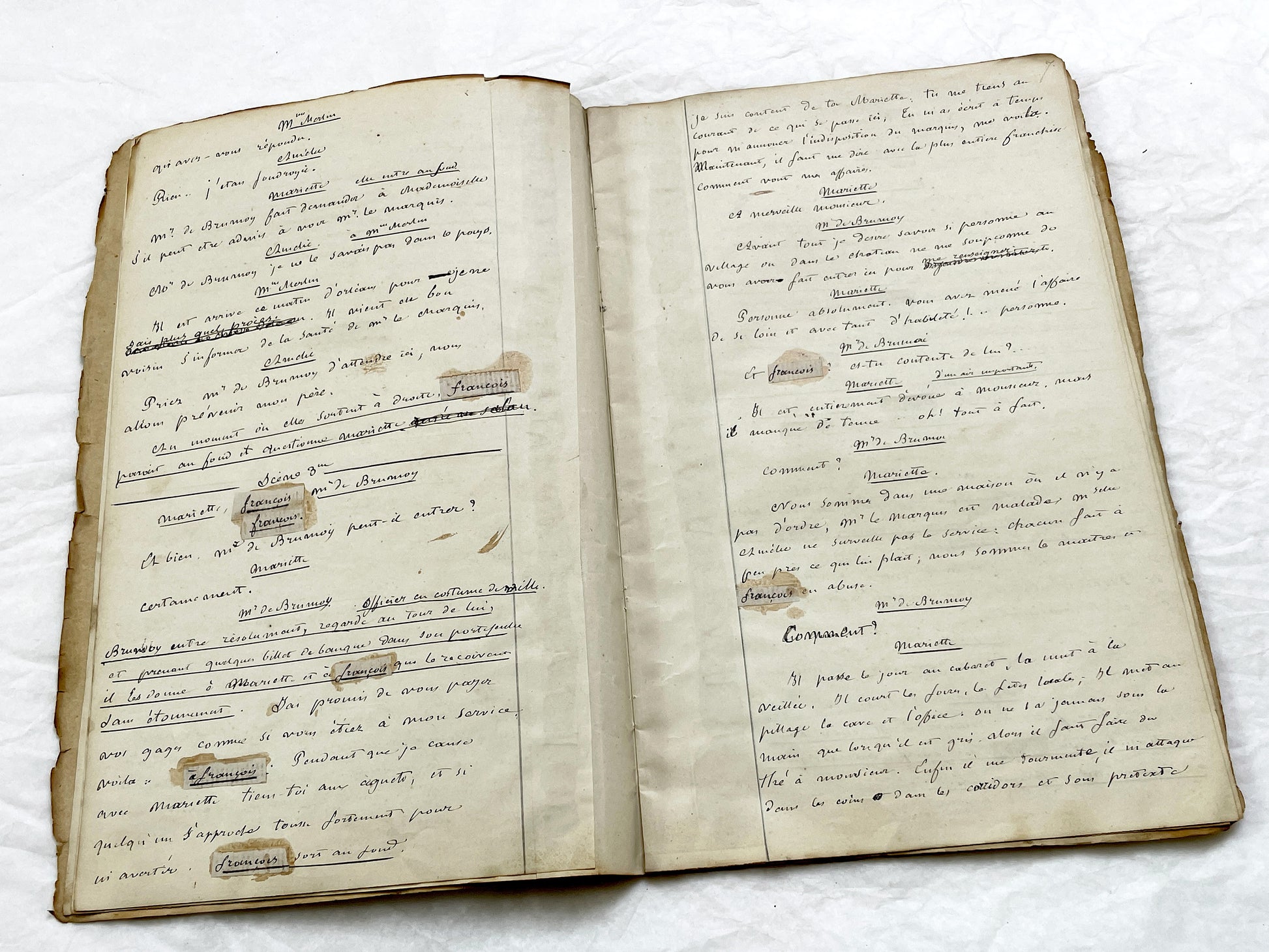 Mid 19th – 26-page literary draft with dialogues and author revisions - French handwritten theater manuscript – Antique Handwritten Draft