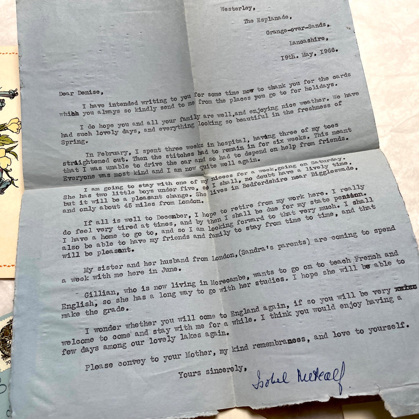 1960s set of five handwritten English letters with envelopes, featuring British postmarks and French address.