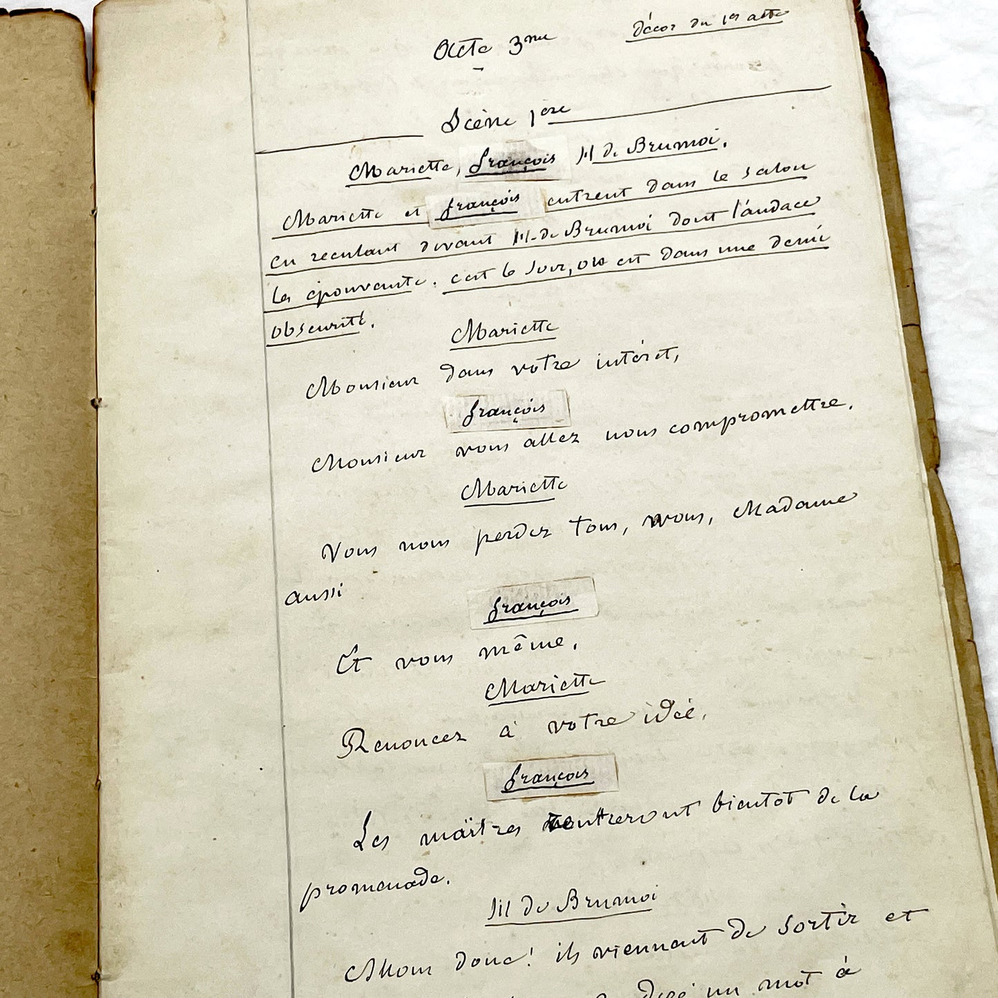 Mid 19th – 28-page literary draft with dialogues and author revisions - French handwritten theater manuscript – Antique Handwritten Draft