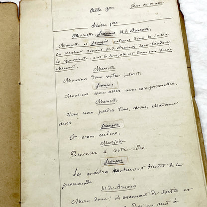 Mid 19th – 28-page literary draft with dialogues and author revisions - French handwritten theater manuscript – Antique Handwritten Draft