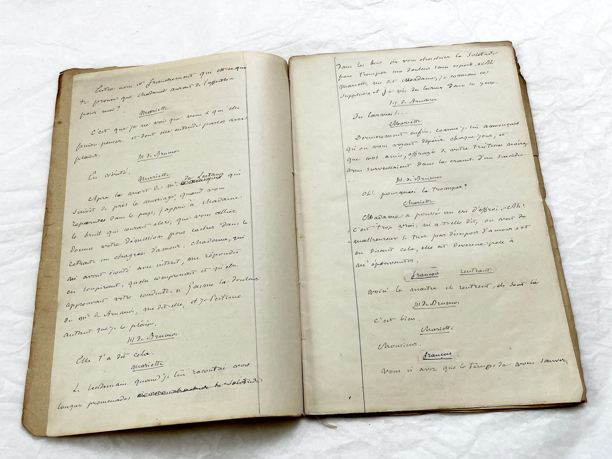 Mid 19th – 28-page literary draft with dialogues and author revisions - French handwritten theater manuscript – Antique Handwritten Draft
