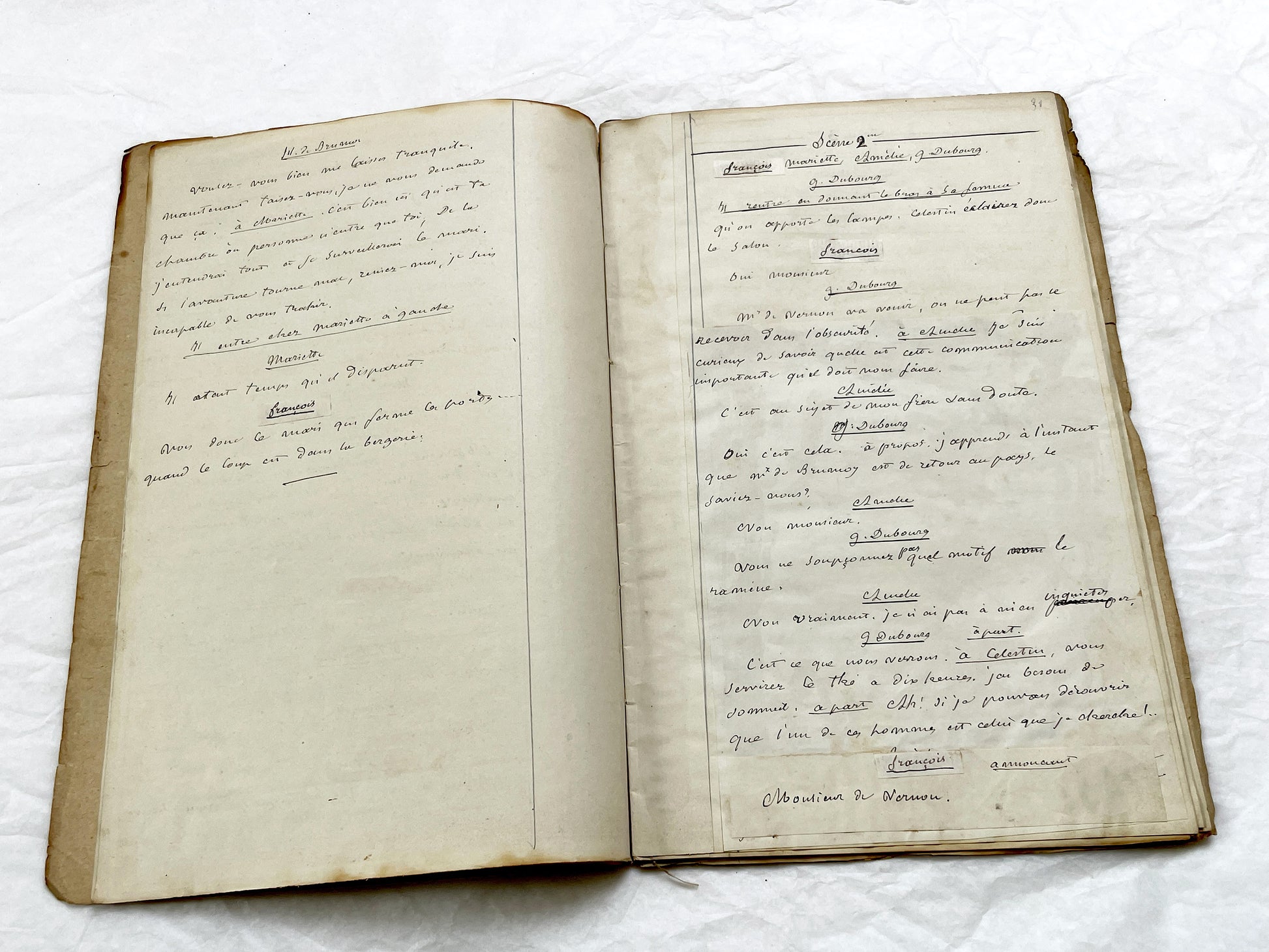 Mid 19th – 28-page literary draft with dialogues and author revisions - French handwritten theater manuscript – Antique Handwritten Draft