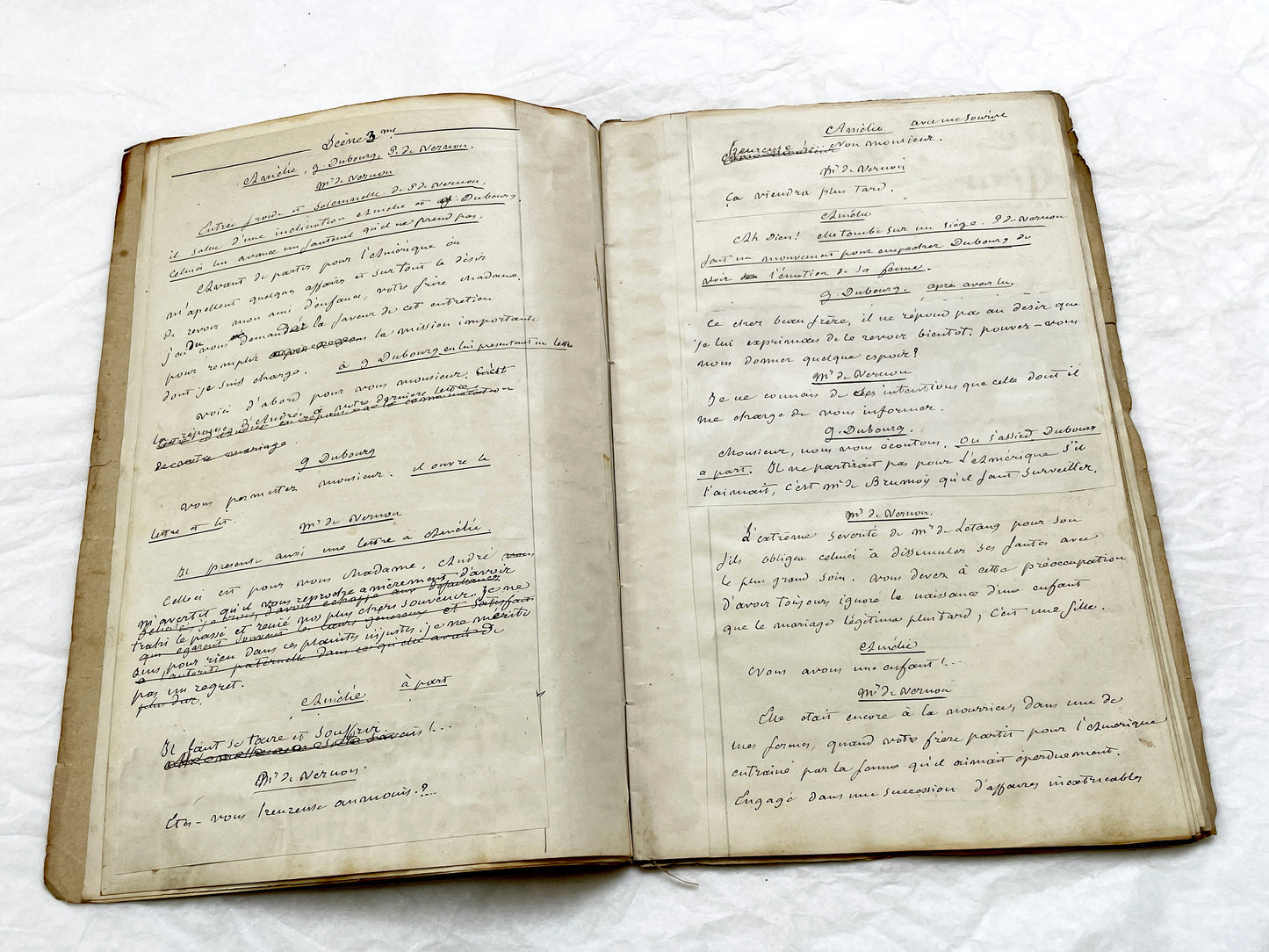 Mid 19th – 28-page literary draft with dialogues and author revisions - French handwritten theater manuscript – Antique Handwritten Draft
