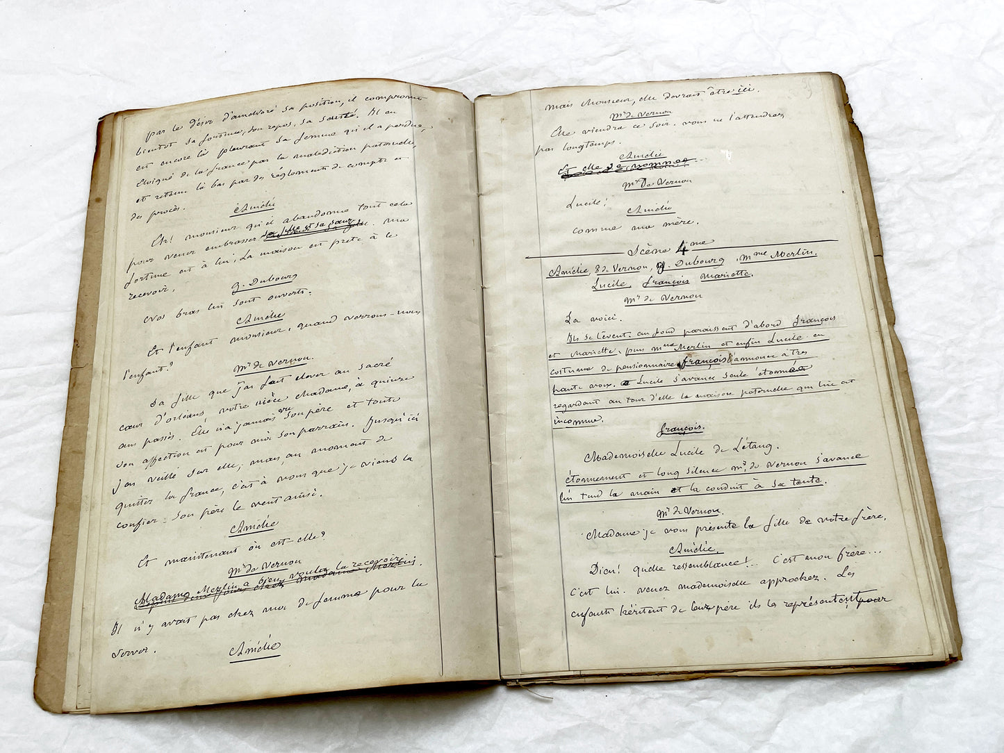 Mid 19th – 28-page literary draft with dialogues and author revisions - French handwritten theater manuscript – Antique Handwritten Draft