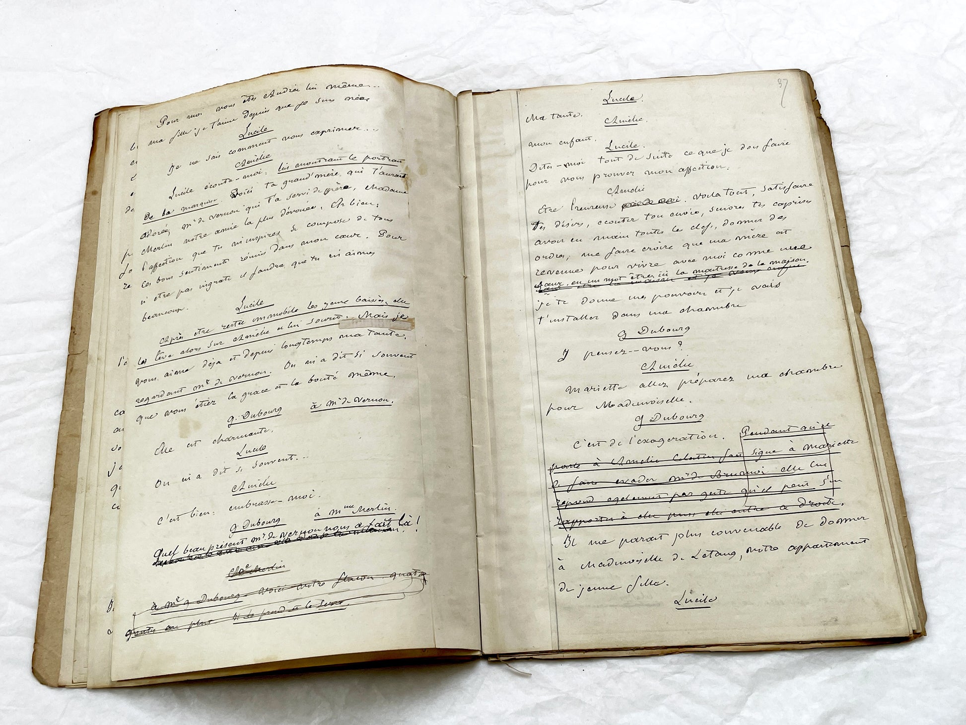 Mid 19th – 28-page literary draft with dialogues and author revisions - French handwritten theater manuscript – Antique Handwritten Draft