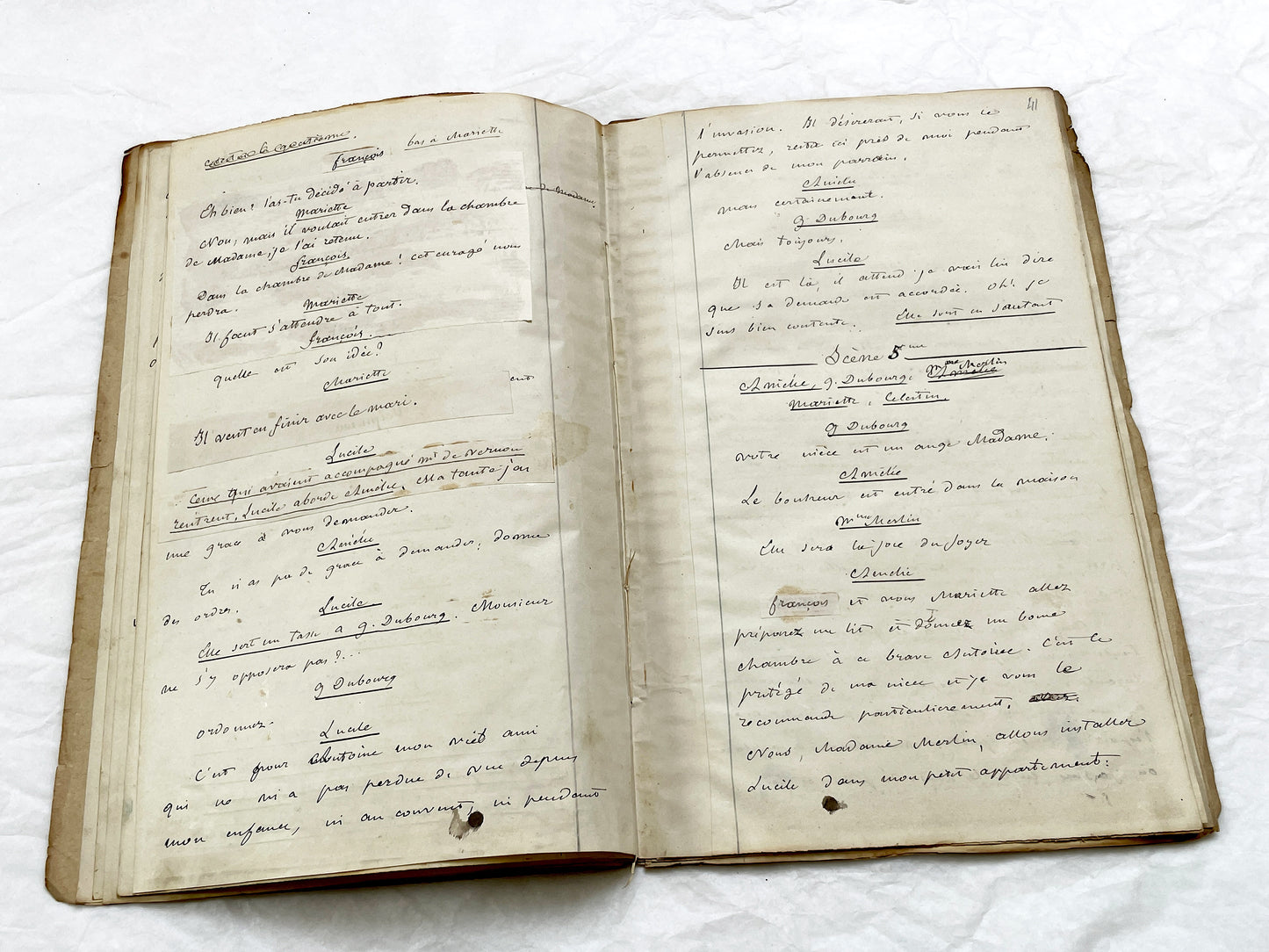 Mid 19th – 28-page literary draft with dialogues and author revisions - French handwritten theater manuscript – Antique Handwritten Draft