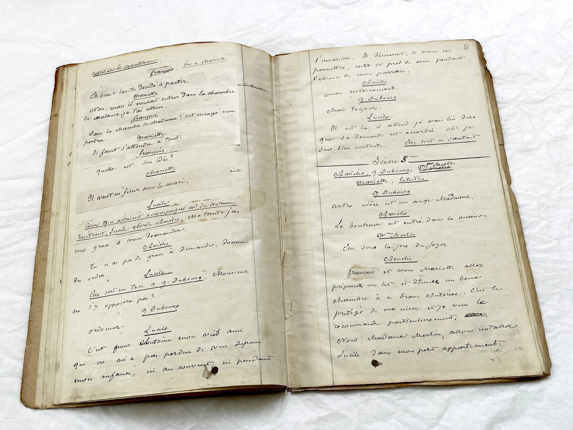 Mid 19th – 28-page literary draft with dialogues and author revisions - French handwritten theater manuscript – Antique Handwritten Draft