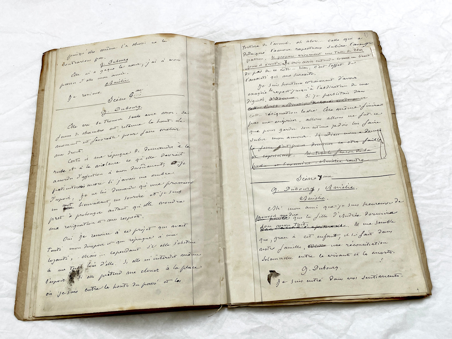 Mid 19th – 28-page literary draft with dialogues and author revisions - French handwritten theater manuscript – Antique Handwritten Draft