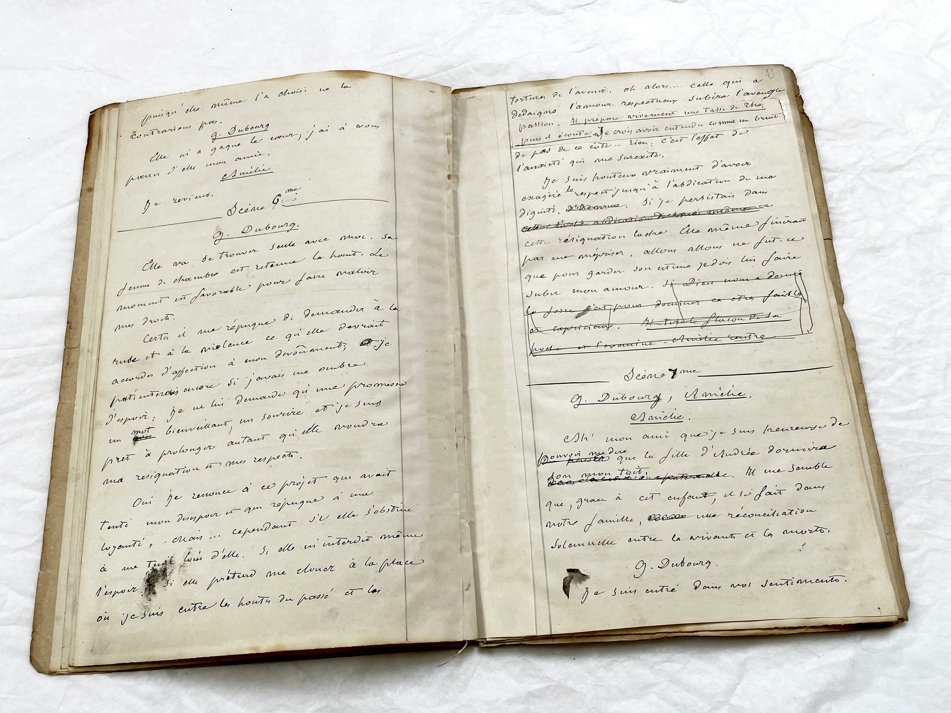 Mid 19th – 28-page literary draft with dialogues and author revisions - French handwritten theater manuscript – Antique Handwritten Draft