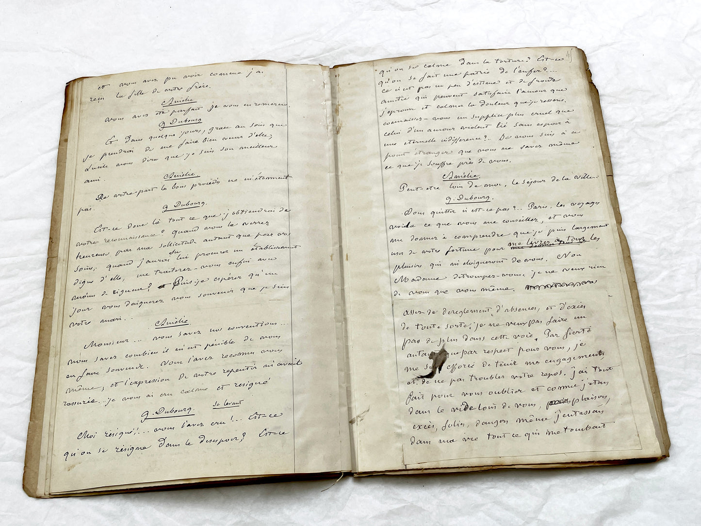 Mid 19th – 28-page literary draft with dialogues and author revisions - French handwritten theater manuscript – Antique Handwritten Draft