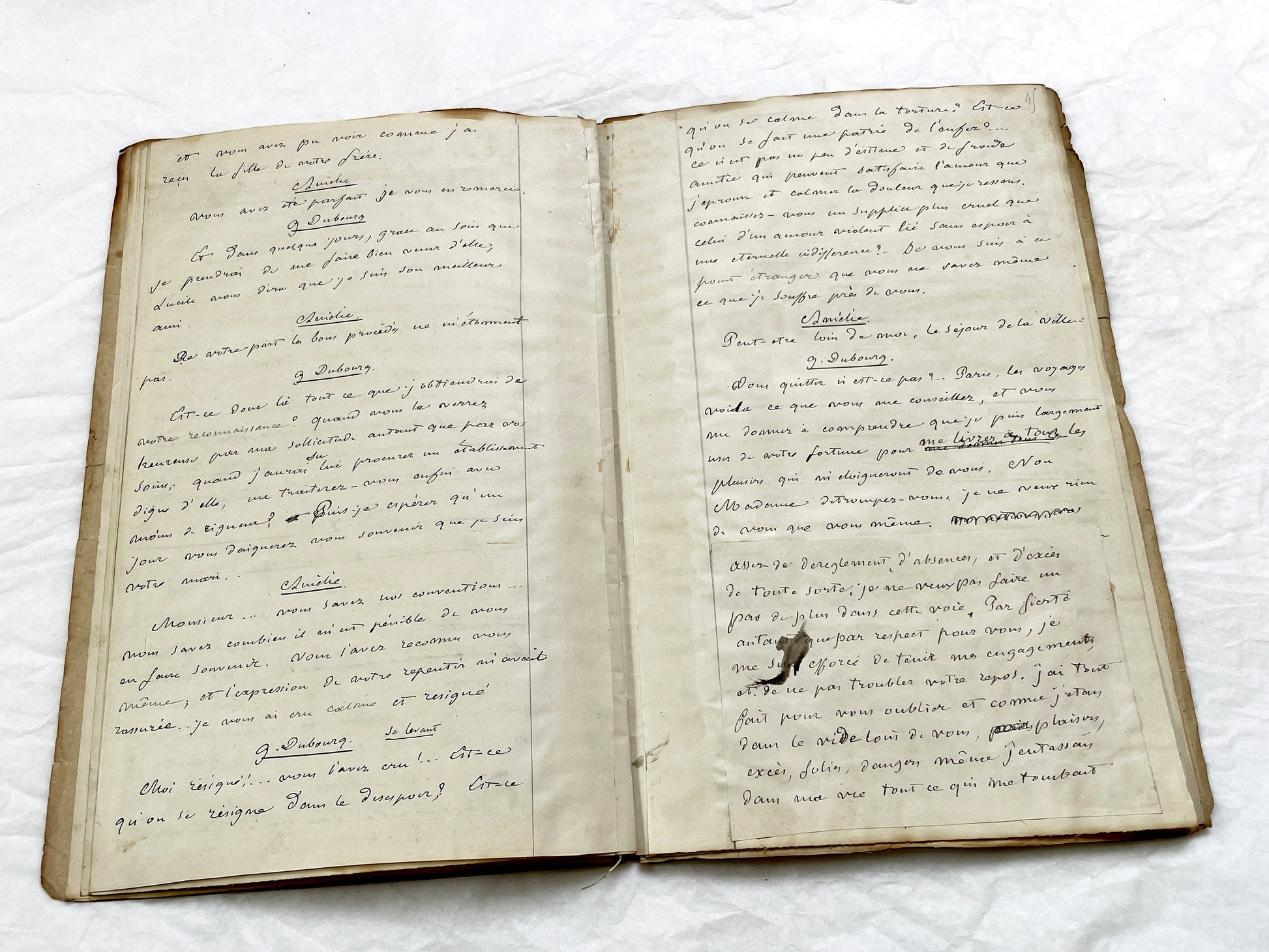 Mid 19th – 28-page literary draft with dialogues and author revisions - French handwritten theater manuscript – Antique Handwritten Draft
