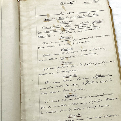 Mid 19th – 28-page literary draft with dialogues and author revisions - French handwritten theater manuscript – Antique Handwritten Draft