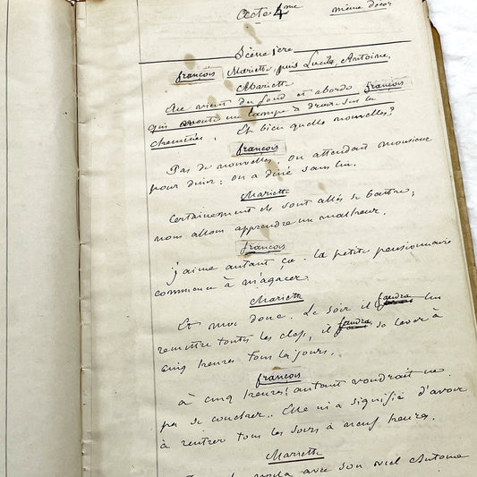 Mid 19th – 28-page literary draft with dialogues and author revisions - French handwritten theater manuscript – Antique Handwritten Draft