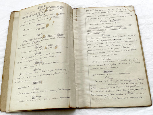 Mid 19th – 28-page literary draft with dialogues and author revisions - French handwritten theater manuscript – Antique Handwritten Draft