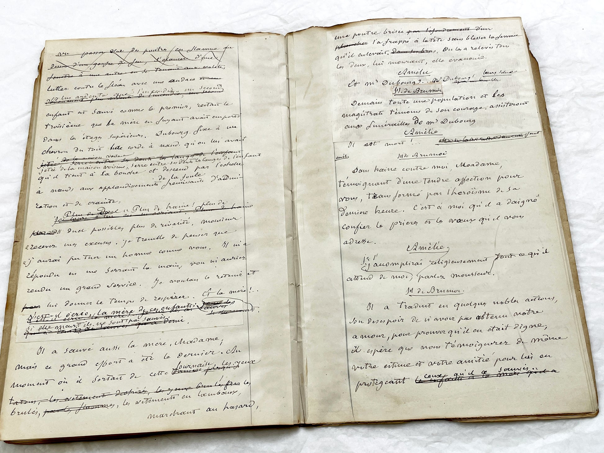 Mid 19th – 28-page literary draft with dialogues and author revisions - French handwritten theater manuscript – Antique Handwritten Draft
