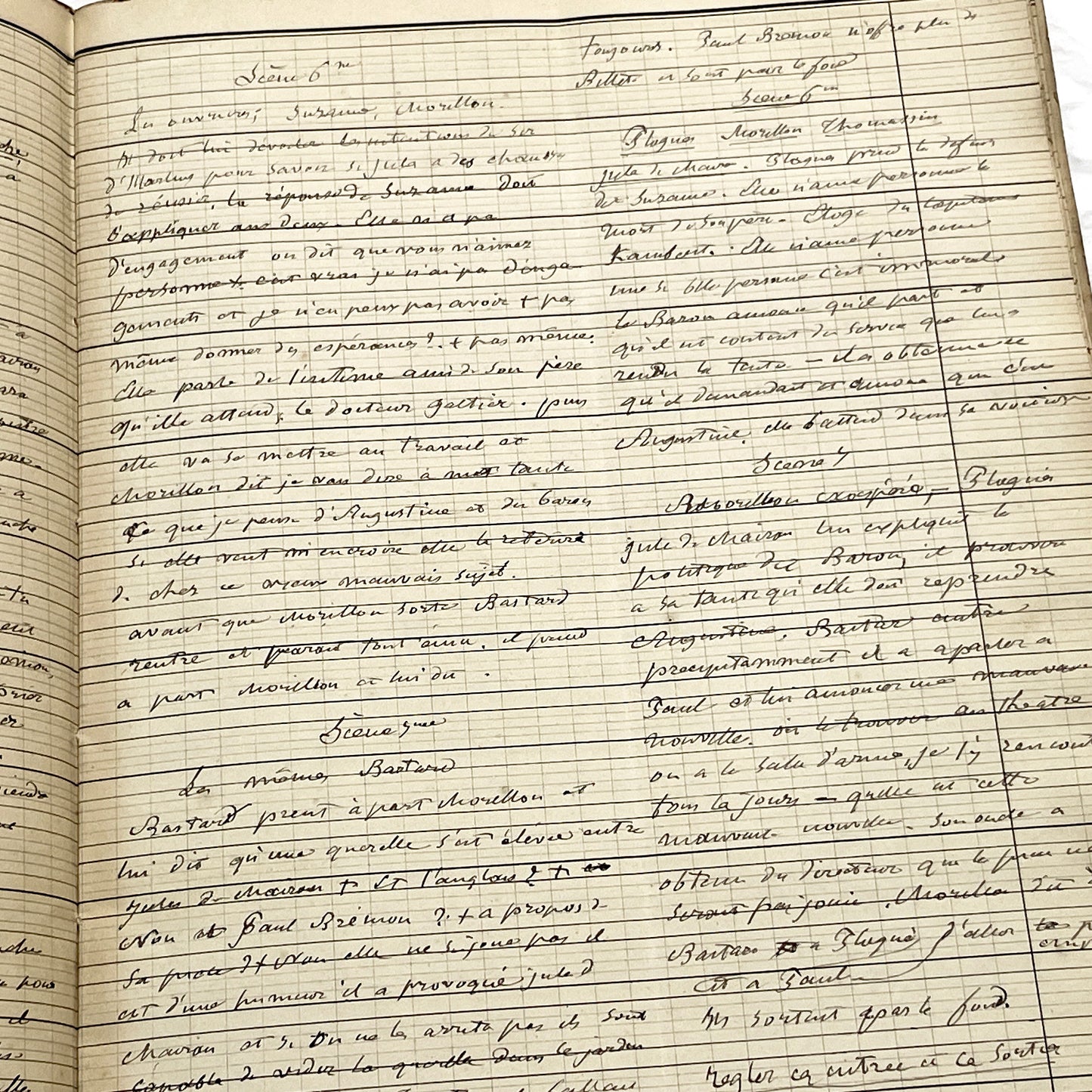Late 19th French play script manuscript showing neat handwritten text in a vintage ledger book.