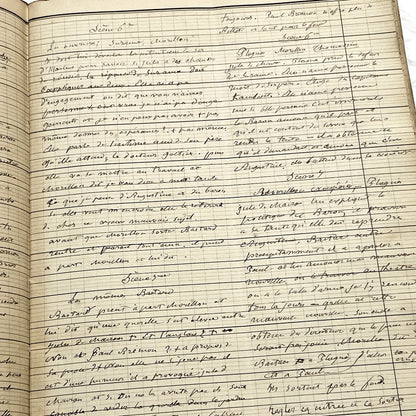 Late 19th French play script manuscript showing neat handwritten text in a vintage ledger book.