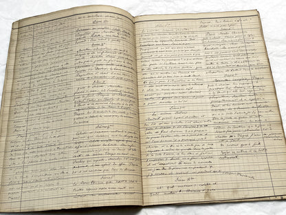 Late 19th French play script manuscript showing neat handwritten text in a vintage ledger book.