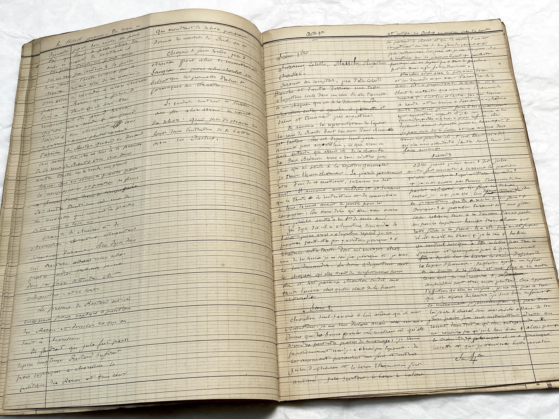 Late 19th French play script manuscript showing neat handwritten text in a vintage ledger book.
