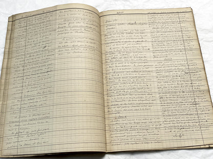 Late 19th French play script manuscript showing neat handwritten text in a vintage ledger book.