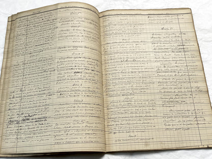 Late 19th French play script manuscript showing neat handwritten text in a vintage ledger book.