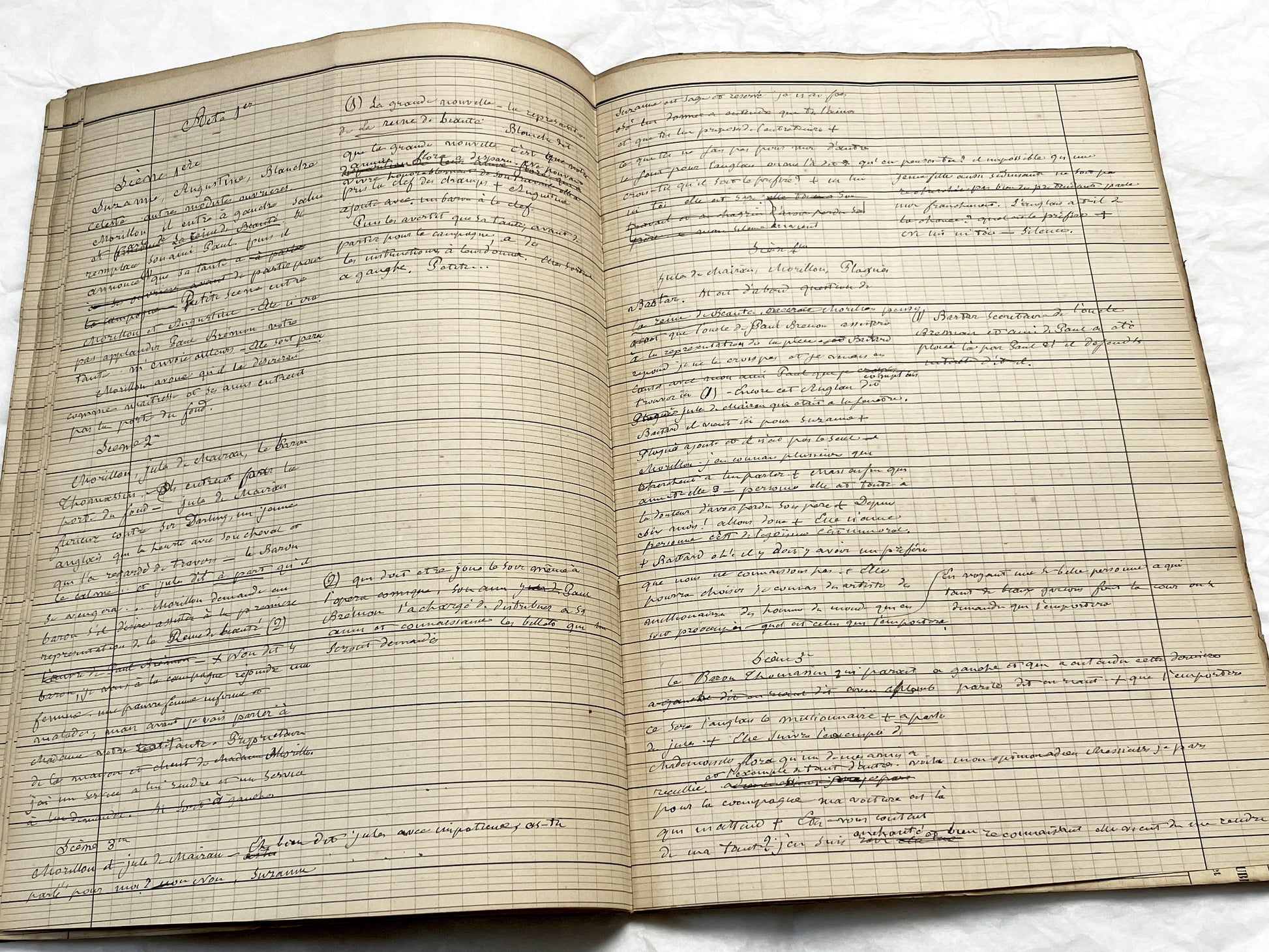 Late 19th French play script manuscript showing neat handwritten text in a vintage ledger book.