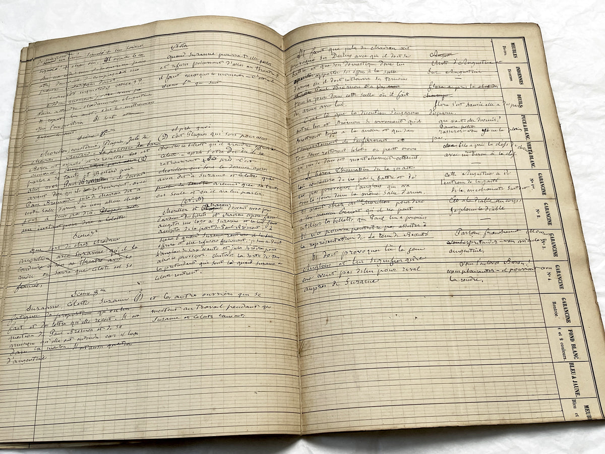 Late 19th French play script manuscript showing neat handwritten text in a vintage ledger book.