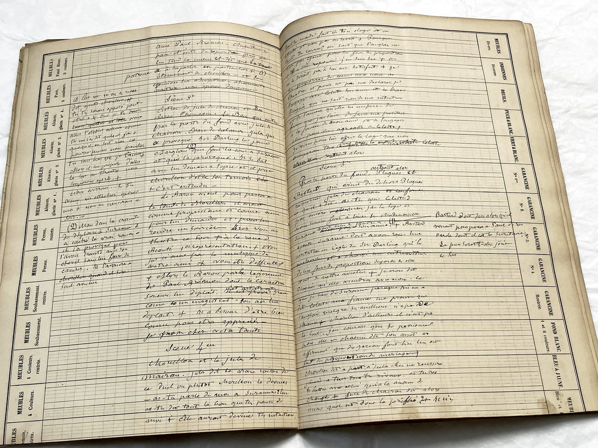 Late 19th French play script manuscript showing neat handwritten text in a vintage ledger book.