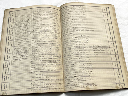 Late 19th French play script manuscript showing neat handwritten text in a vintage ledger book.