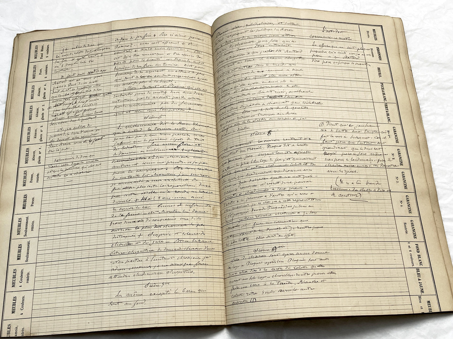 Late 19th French play script manuscript showing neat handwritten text in a vintage ledger book.