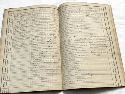 Late 19th French play script manuscript showing neat handwritten text in a vintage ledger book.