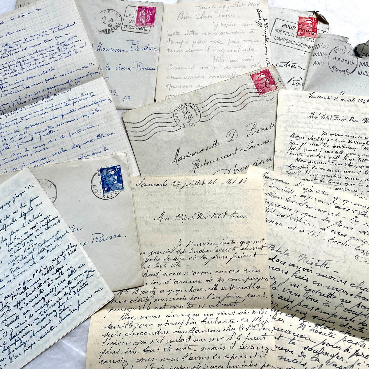 1940s French handwritten letters and envelopes with vintage stamps and postmarks, authentic paper ephemera.