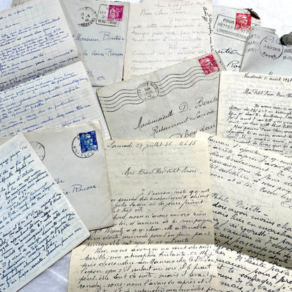 1940s French handwritten letters and envelopes with vintage stamps and postmarks, authentic paper ephemera.