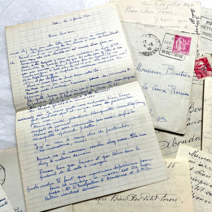 1940s French handwritten letters and envelopes with vintage stamps and postmarks, authentic paper ephemera.