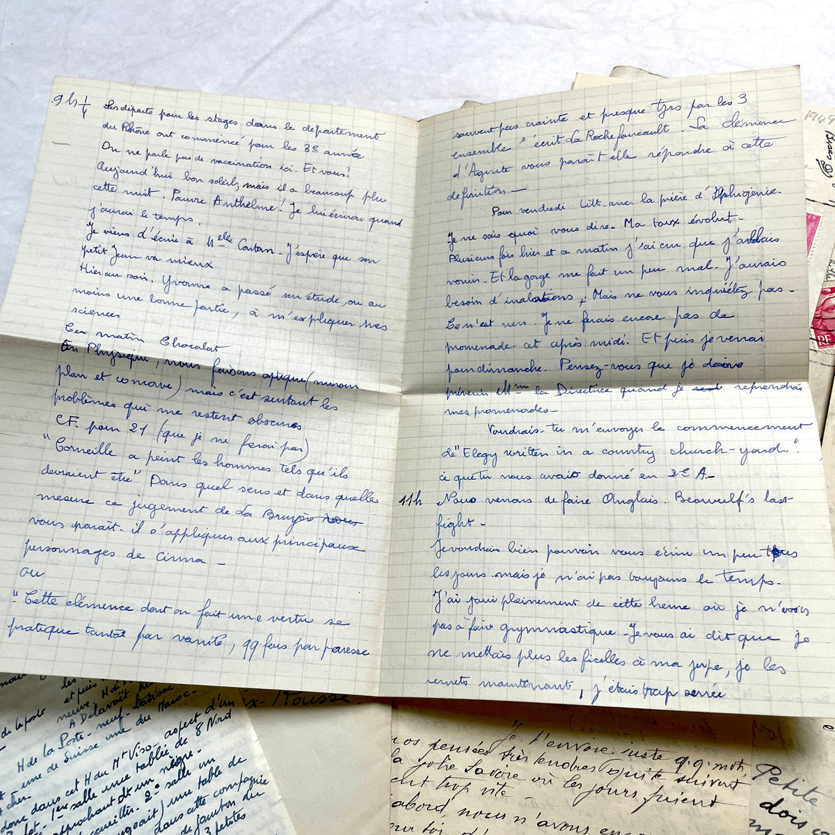 1940s French handwritten letters and envelopes with vintage stamps and postmarks, authentic paper ephemera.