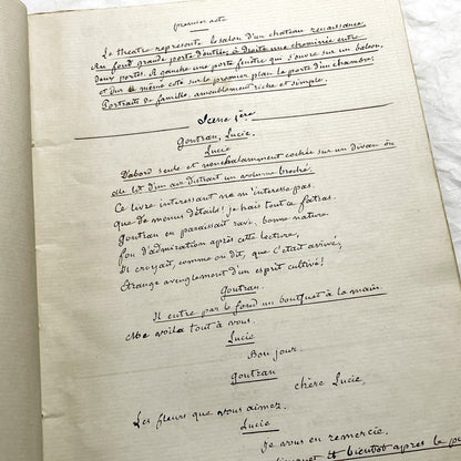 Late 19th  French play manuscript - open book with handwritten script in elegant penmanship