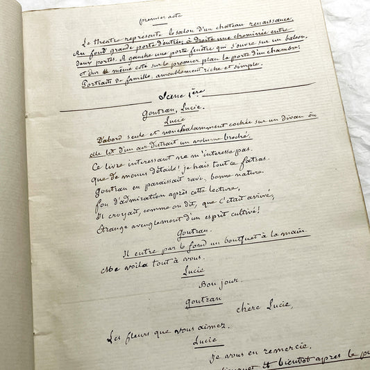 Late 19th  French play manuscript - open book with handwritten script in elegant penmanship
