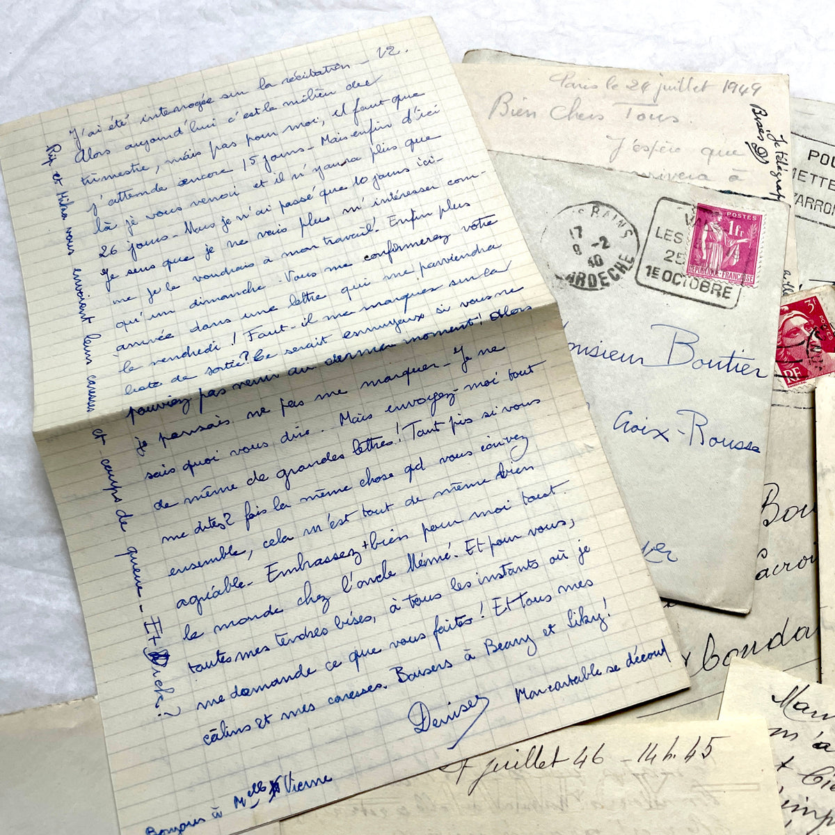 1940s French handwritten letters and envelopes with vintage stamps and postmarks, authentic paper ephemera.