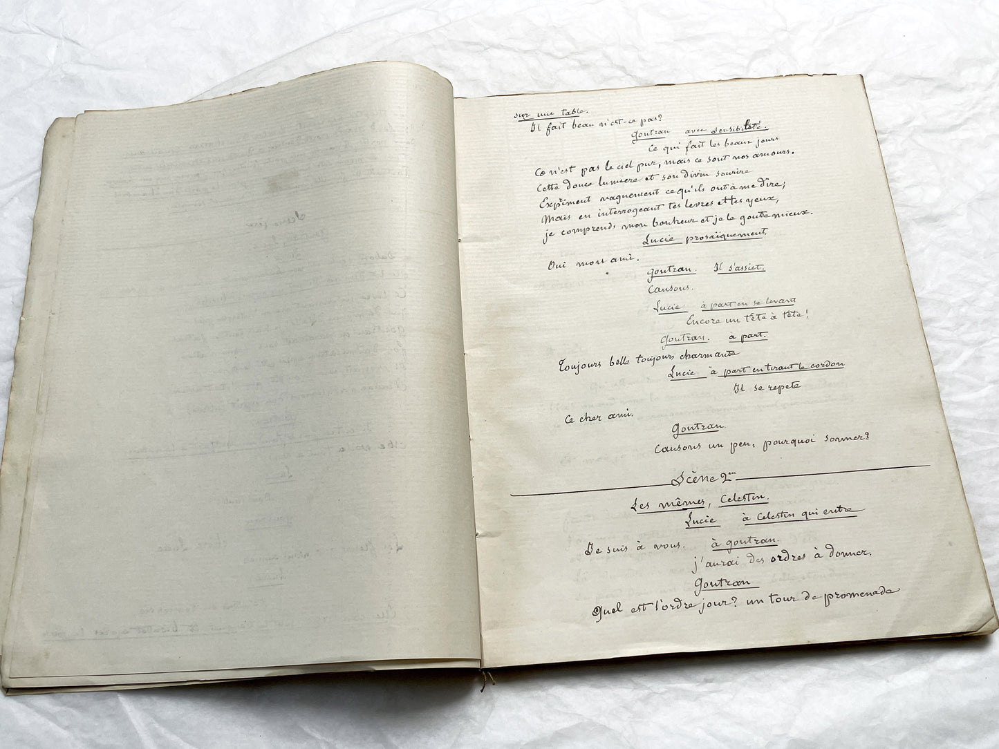 Late 19th  French play manuscript - open book with handwritten script in elegant penmanship