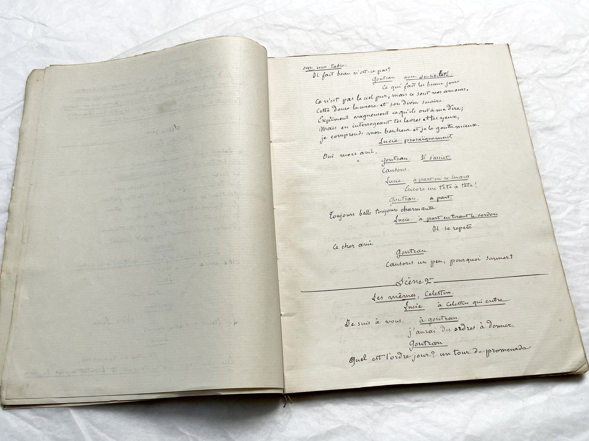 Late 19th  French play manuscript - open book with handwritten script in elegant penmanship