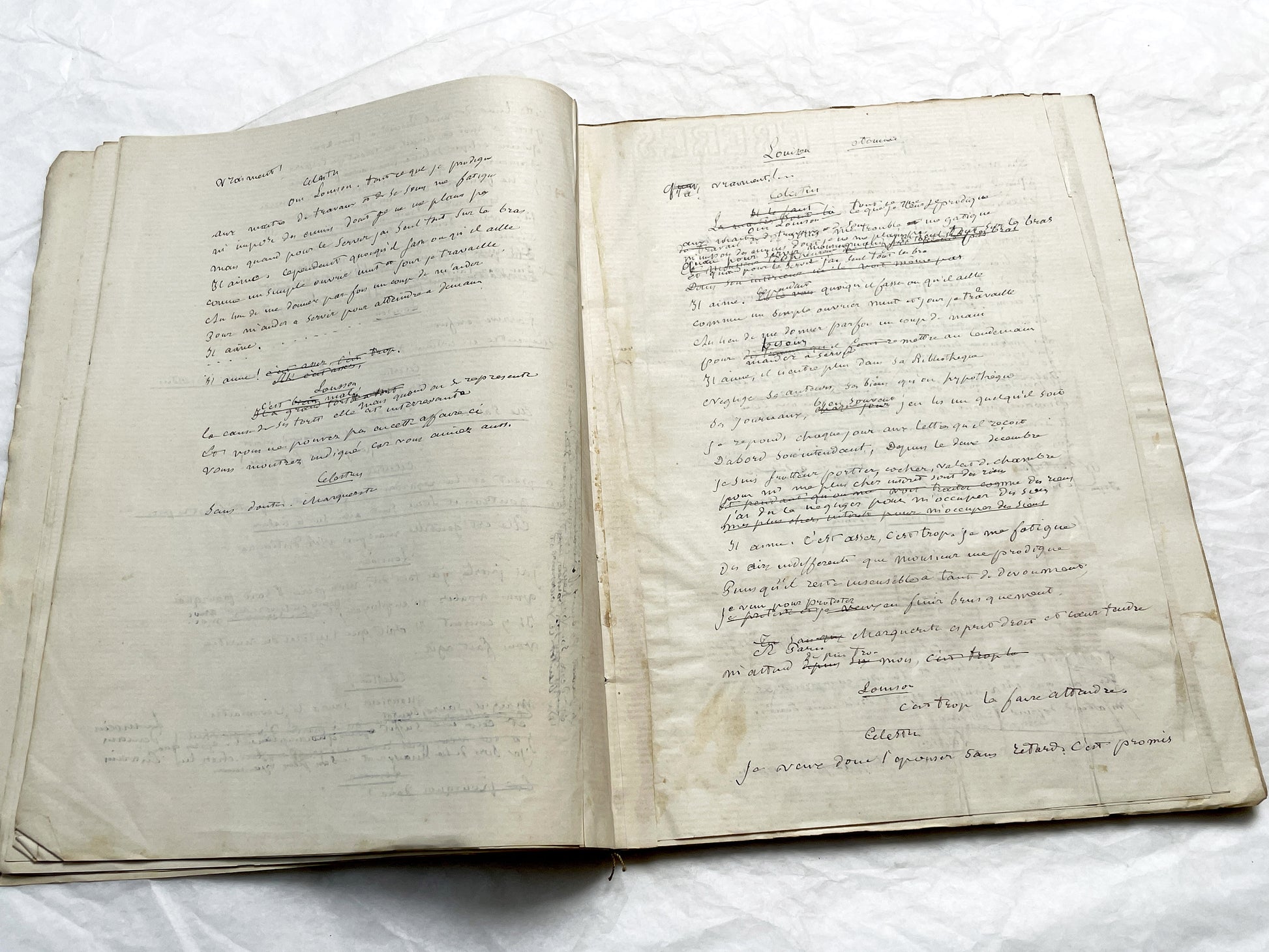 Late 19th  French play manuscript - open book with handwritten script in elegant penmanship