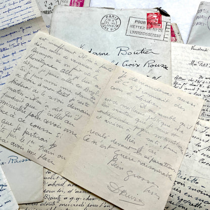 1940s French handwritten letters and envelopes with vintage stamps and postmarks, authentic paper ephemera.