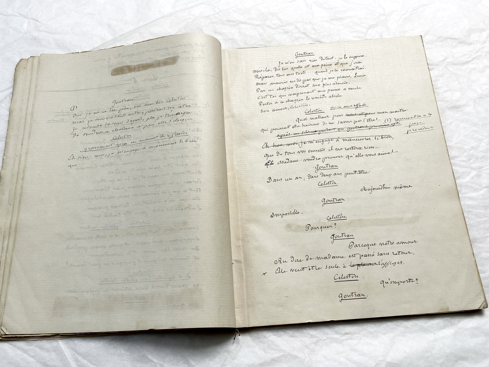 Late 19th  French play manuscript - open book with handwritten script in elegant penmanship